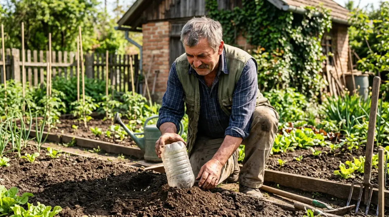 Egy kertész gondosan helyez el egy védő harangot az áprilisban elvetett uborkamagok fölé a trágyával fűtött ágyásban.